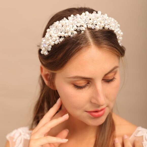 Wedding Tiara Pearl Crystal Hair Crown Bridal Headpiece for Bride and Party